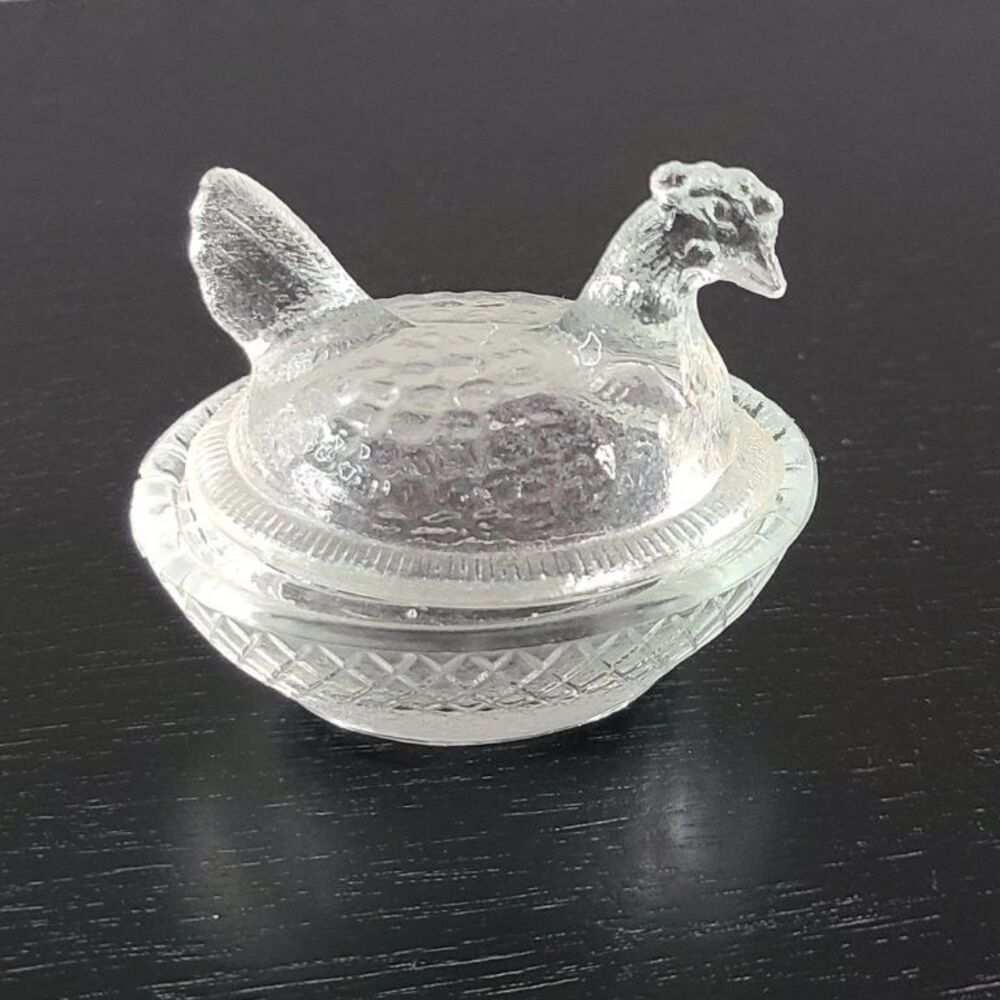 Vintage Clear Glass Hen On Nest Covered Dish Salt Cellar Mini Oval Trinket Bowls